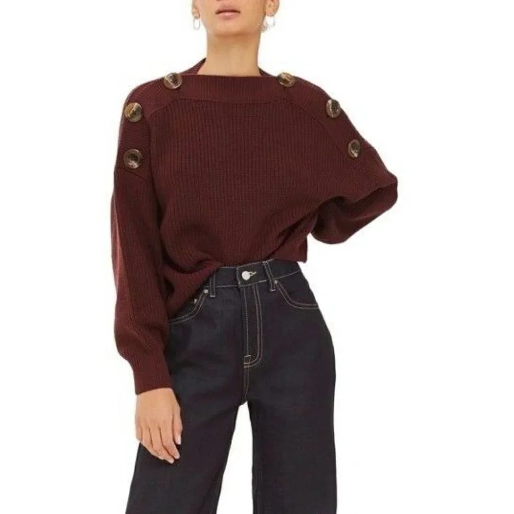 TOPSHOP  | BUTTON SLASH KNIT SWEATER IN BURGUNDY